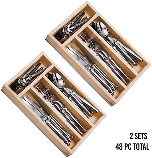 (D) Laguiole French, Flatware Set with 24-pc, Vintage (2 PACK) (Steel)