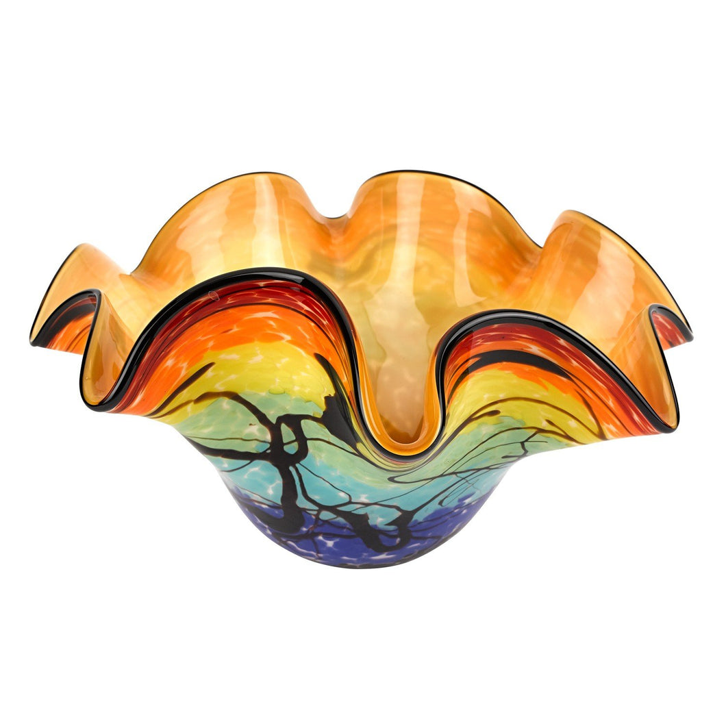 (D) Handcrafted Allura Murano Art Rainbow-Colored Glass Decorative Wavy Bowl 17