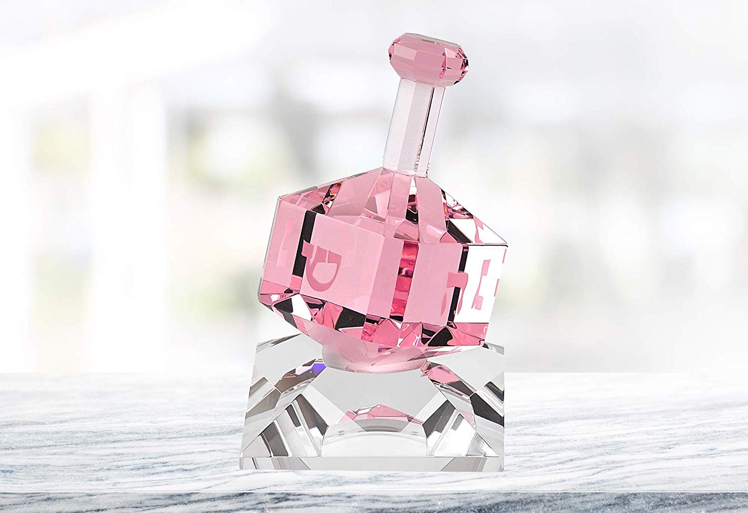 (D) Handcrafted Crystal Light Pink Dreidel Centerpiece Figurine on Stand 3"H
