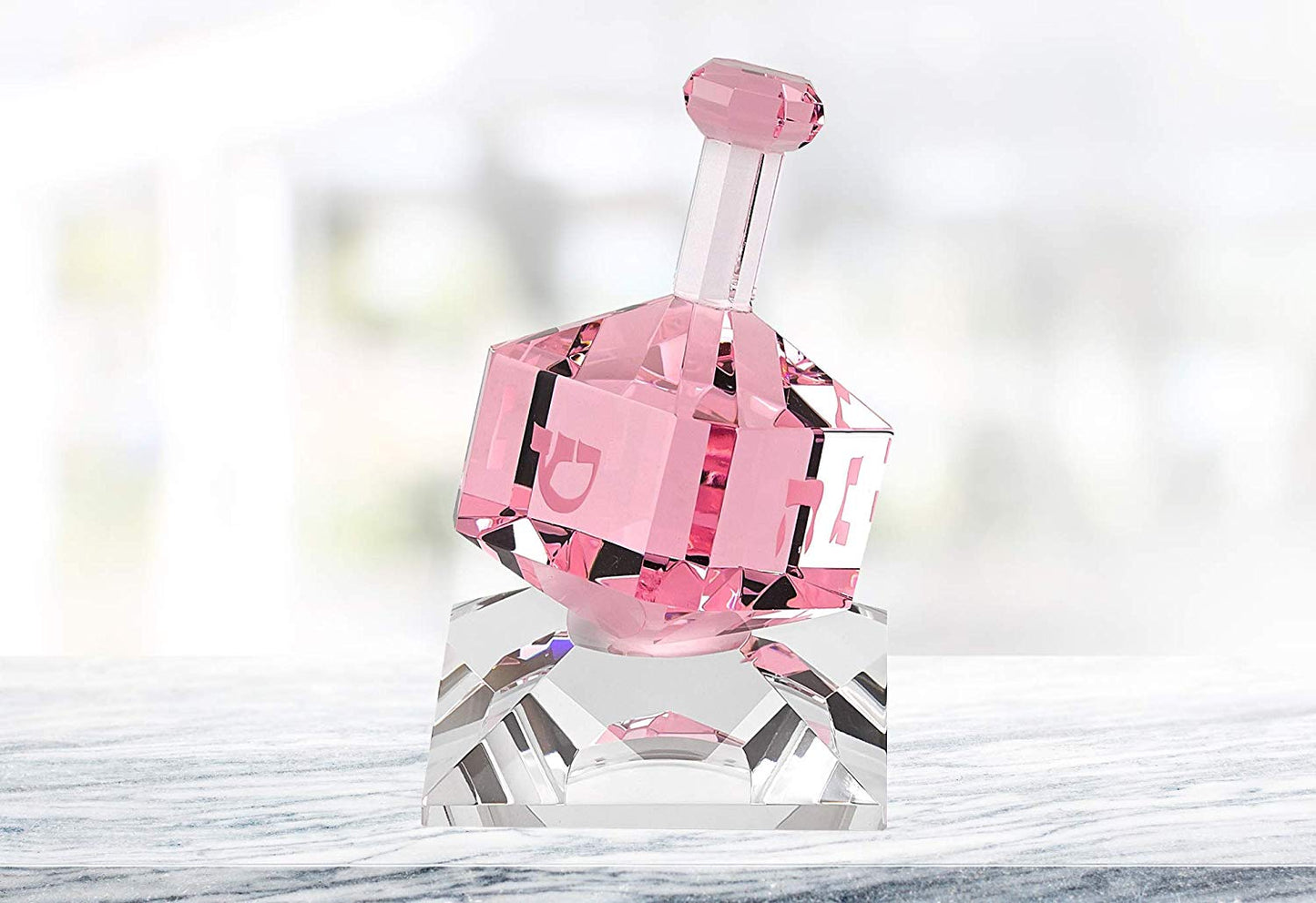 (D) Handcrafted Crystal Light Pink Dreidel Centerpiece Figurine on Stand 3"H