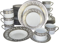 (D) Royalty Porcelain 40-pc Banquet Dinnerware Set Bone China Greek Key Silver