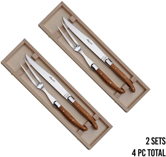 (D) Laguiole Flatware, France Jean Dubost Wood Carving Set in Box Vintage 2 PACK