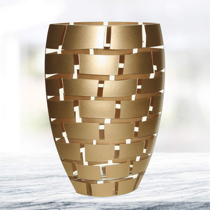 (D) Handcrafted 'Gold Wall' Crystal Glass Flower Vase 12" with Metallic Accent