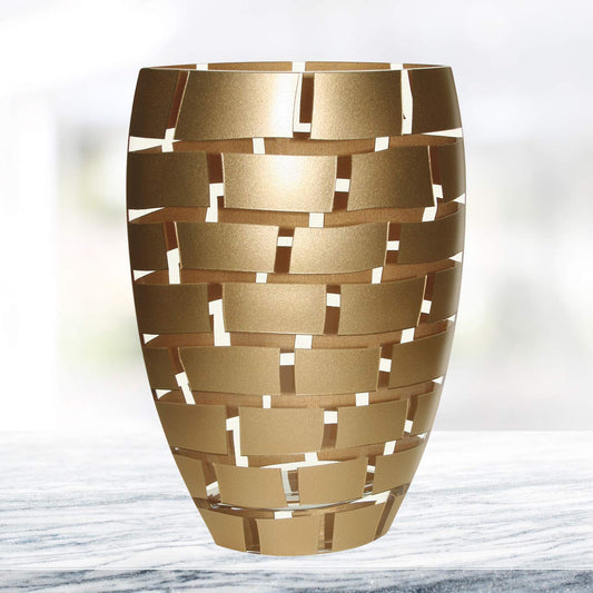 (D) Handcrafted 'Gold Wall' Crystal Glass Flower Vase 12" with Metallic Accent