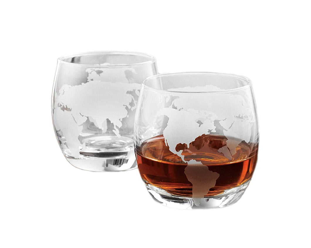 Denizli Etched Globe DOF 10 Oz Whisky Glasses, Liquor Glassware, Set of 2