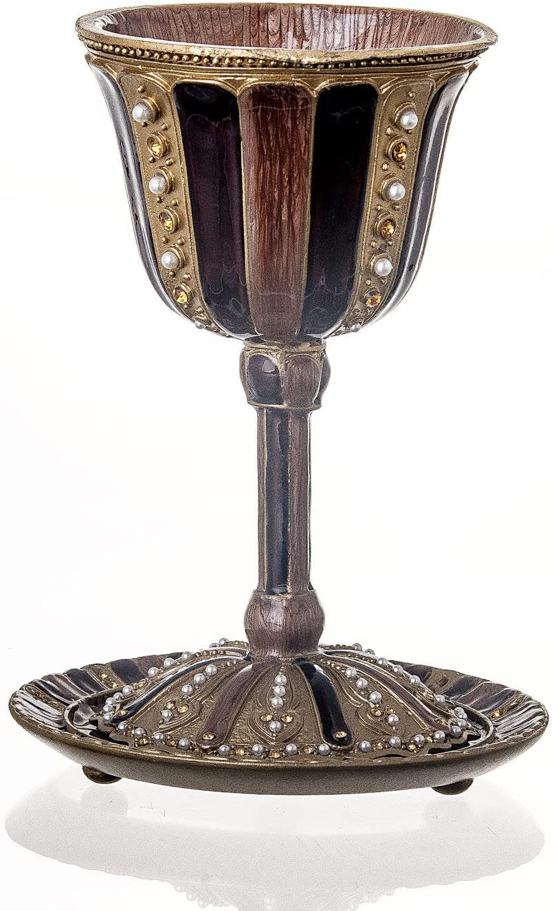 (D) Judaica Sienna Cup and Tray Balck with Perls Wine Cup For Shabbat and Havdalah