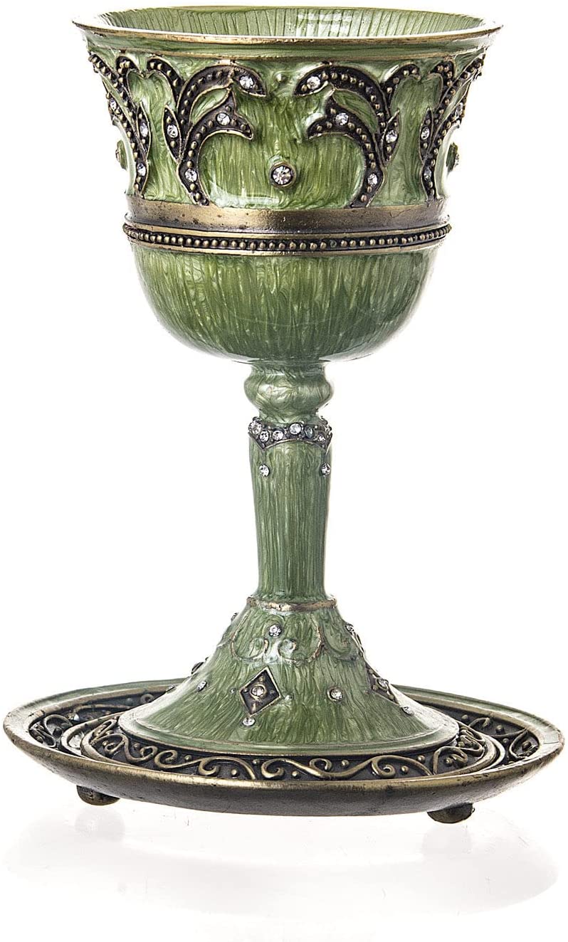 (D) Judaica Green Enamel Ravenna Cup And Tray Wine Cup For Shabbat and Havdalah