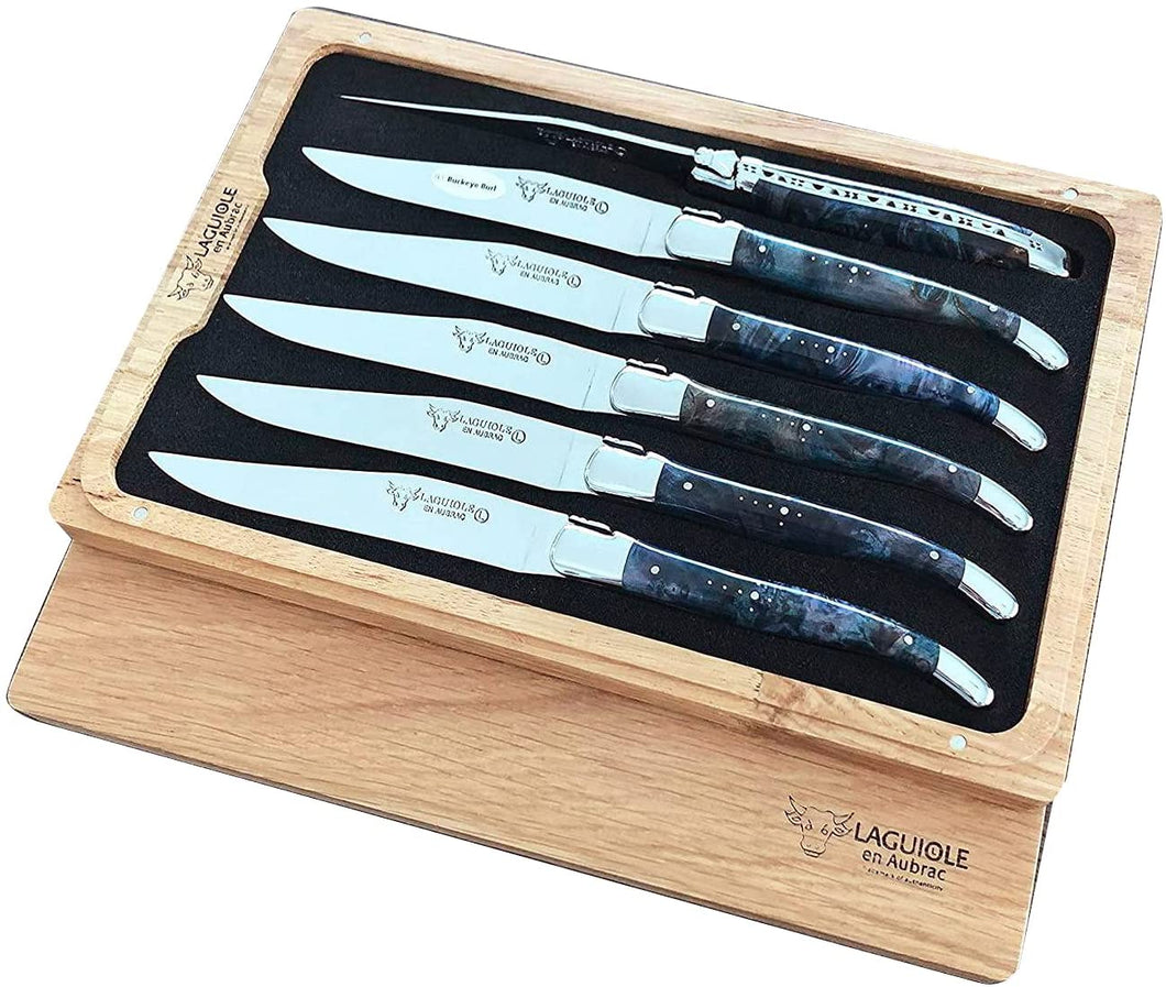 (D) Handcrafted Plated 6-Piece Steak Cutlery Set (Blue Buckeye Burl Handles)