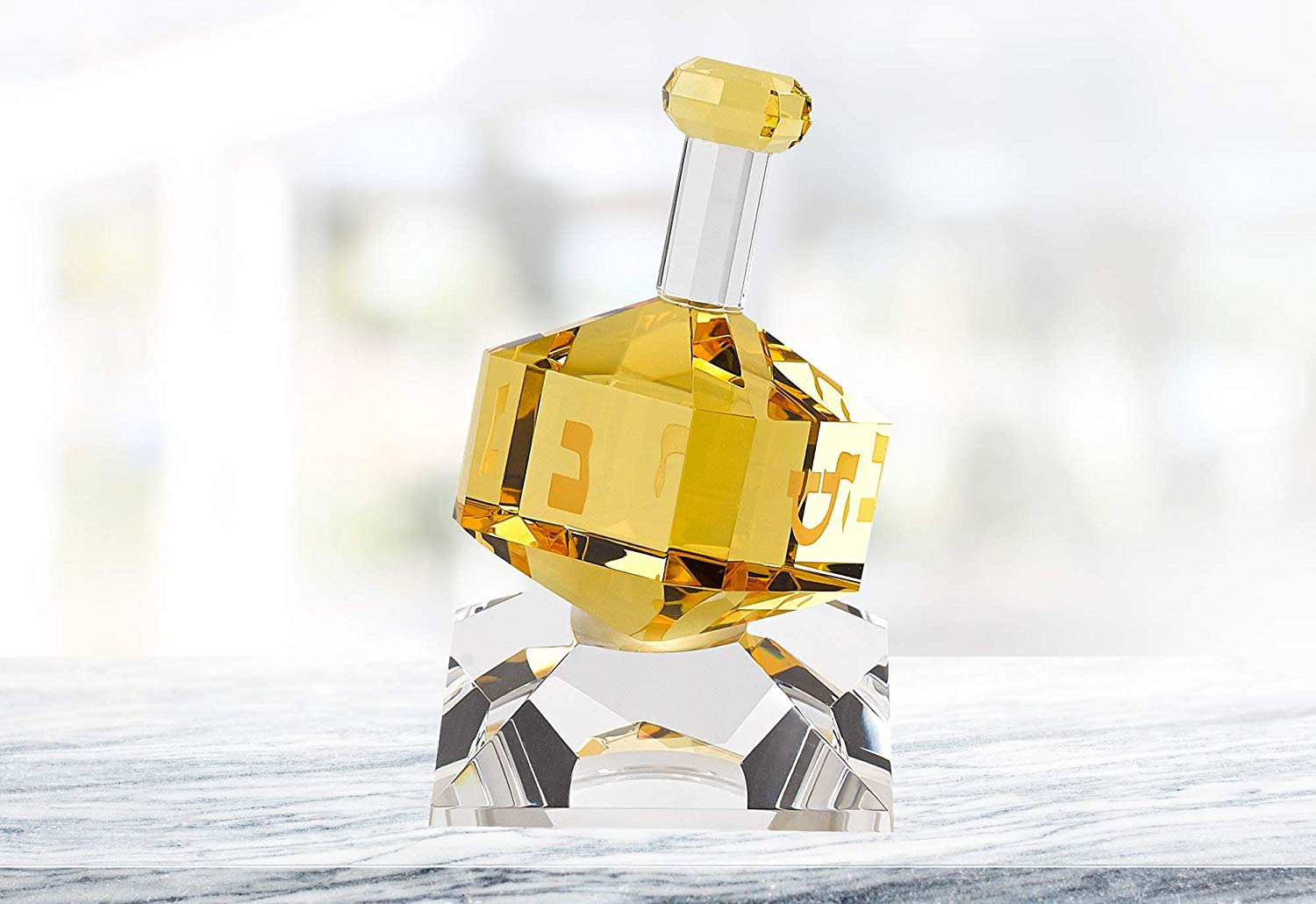(D) Handcrafted Crystal Amber Dreidel Centerpiece Figurine on Stand 3"H