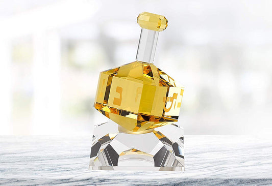 (D) Handcrafted Crystal Amber Dreidel Centerpiece Figurine on Stand 3"H