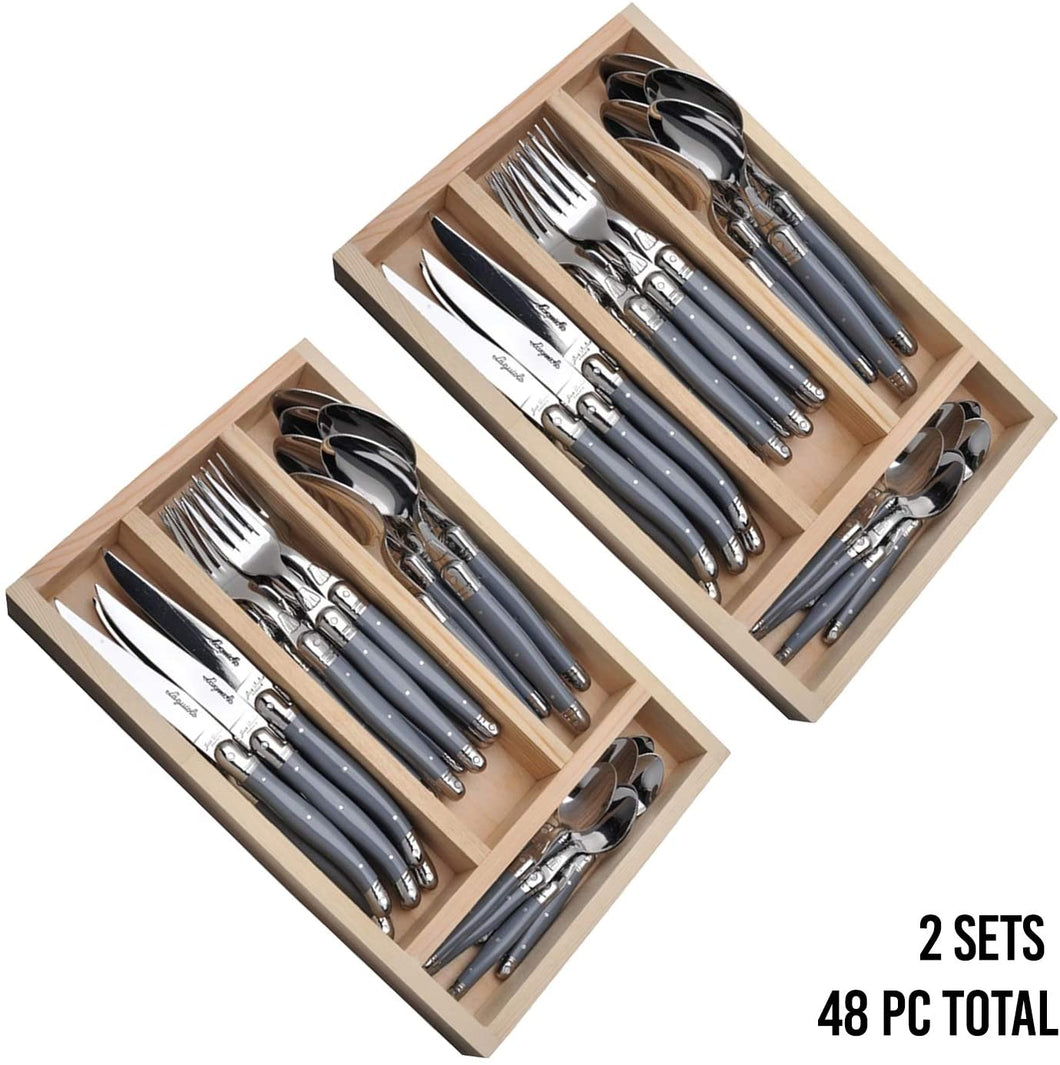 (D) Laguiole French, Flatware Set with 24-pc, Vintage (2 PACK) (Gray)