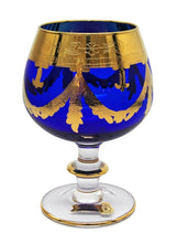 Interglass Italy Luxury Blue Crystal Cognac Glasses, 24k Gold-Plated Set of 2, 6, or 12