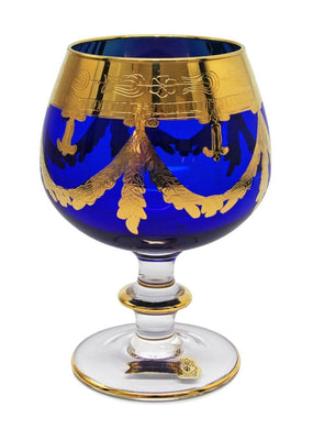 Interglass Italy Luxury Blue Crystal Cognac Glasses, 24k Gold-Plated Set of 2, 6, or 12