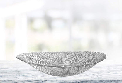 (D) Handcrafted Glass Serving Oval Bowl 15" with Metallic Silver Line Pattern