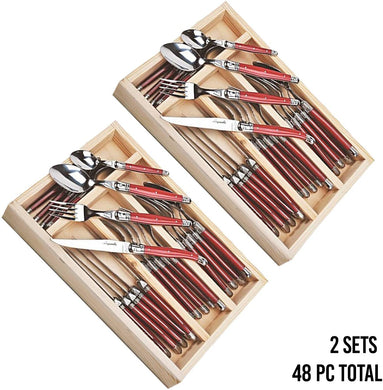 (D) Laguiole French, Flatware Set with 24-pc, Vintage (2 PACK) (Red)