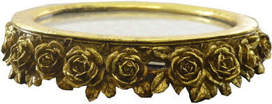 (D) Gold Serving Tray with Roses Round Vintage Decor 11 Inch for Breakfast