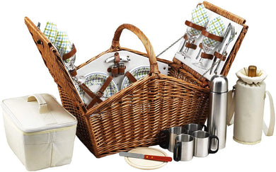 (D) Huntsman Basket for 4 with Coffee Service, Backpack Bag (Green)