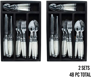 (D) Laguiole French, Flatware Set with 24-pc, Vintage (2 PACK) (White in Black)