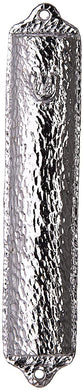 (D) Judaica Hammered Metal Mezuzah Case 4.5 inch for Door (Silver)