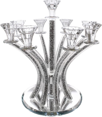 (D) Judaica Crystal Candelabra with Stones 9 Arms Candle Holders (Silver)