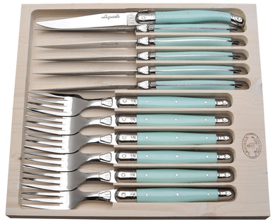 (D) Laguiole Jean Dubost Flatware, 12-pc Cutlery Set in a Tray (Turquoise)