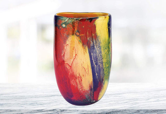 (D) 'Firestorm' Murano Style Art Glass Decorative Oval Flower Vase 11", Murano Style