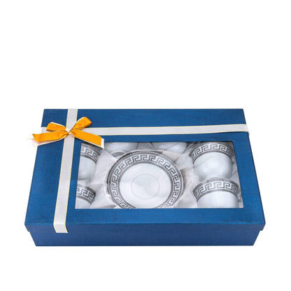 12 Piece Tea or Coffee Set Greek Key Design, Fine Porcelain (Silver)