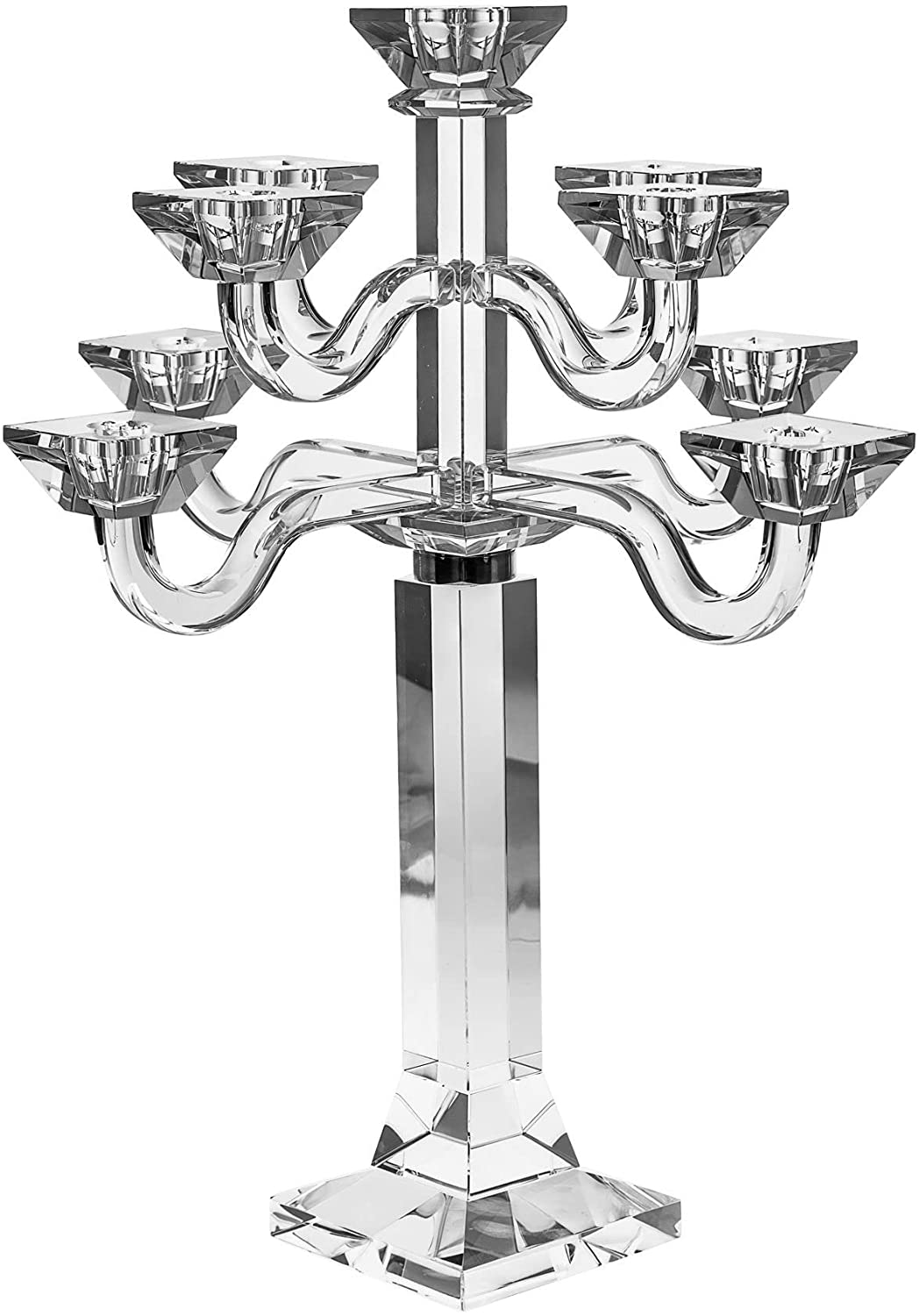 (D) Judaica Crystal Clear Candelabra with 9 Branches Taper Candlestick Holder
