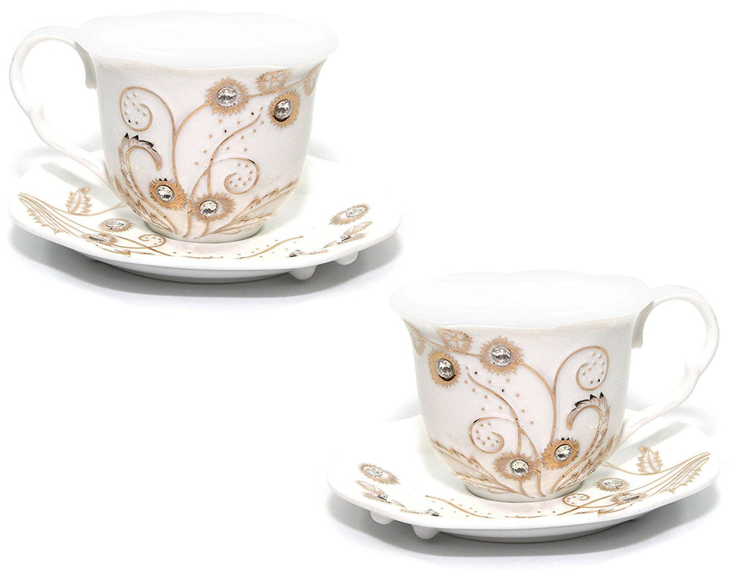 Royalty Porcelain 2pc Rococo Swarovski Collection White Tea and Coffee 8-Oz Cup or Mug Set, 24K Gold-Plated Ornament