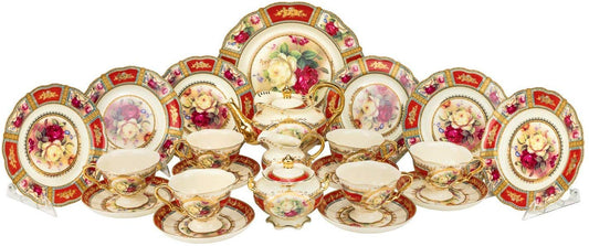 Royalty Porcelain 24-pc Tea Cake Set 'Britten' For 6, Bone China Porcelain (Red)
