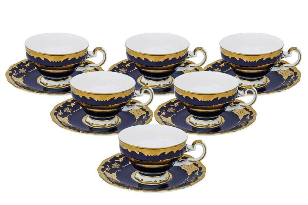 Royalty Porcelain 12-pc Tea set Blue 'Leaves', Cups and Saucers, Bone China