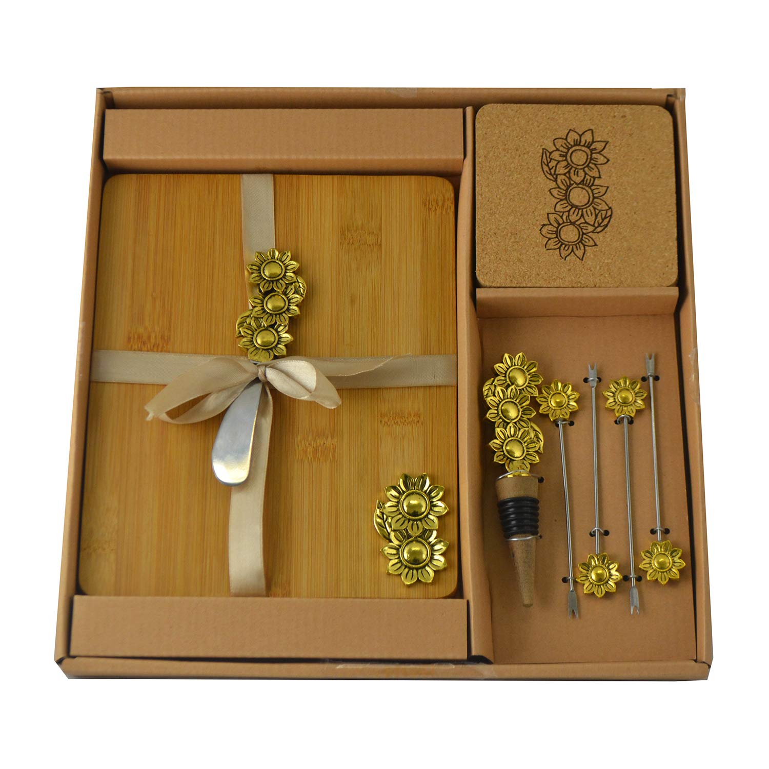 (D) Wooden Cheese Board with Silver Picks, Stopper, Knife, Coasters 11-pc 'Sunflower'