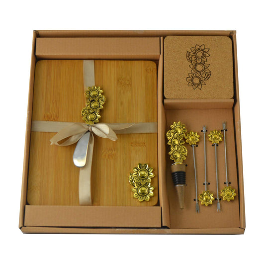(D) Wooden Cheese Board with Silver Picks, Stopper, Knife, Coasters 11-pc 'Sunflower'