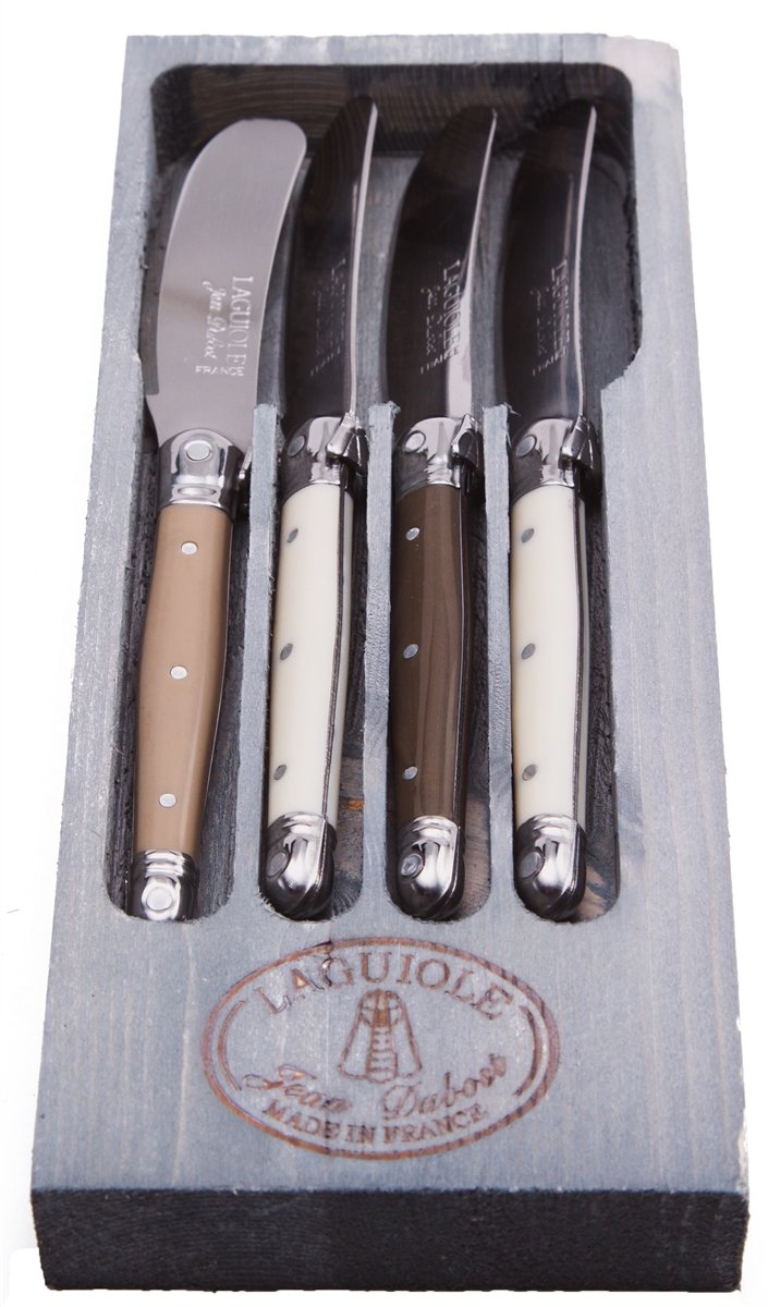 (D) Laguiole Hand Made French 4 Spreaders with Linen Handles, Grey Box Vintage