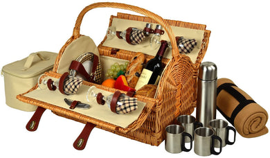 (D) York Picnic Basket for 4 with Blanket and Coffee Set for Outdoor (Brown)