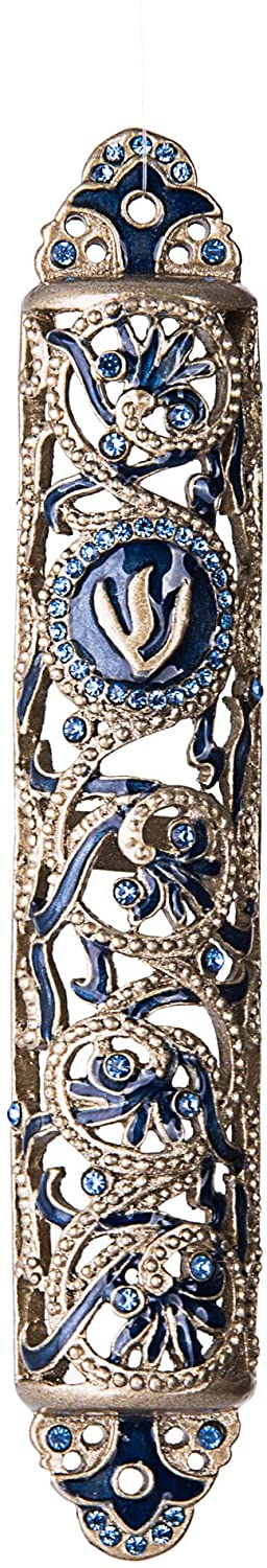 (D) Judaica Jeweled Royal Blue Mezuzah for Door with Stones 4.75''