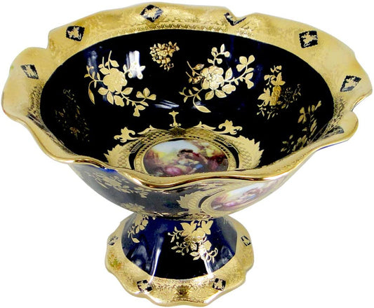 Royalty Porcelain Blue Fruit Bowl on Stand 'Second Date', Limoges China 5x8 Inch