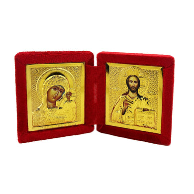 (D) Premium Diptych Virgin of Kazan and Christ The Teacher Icons in the Plush Case 3 1/2