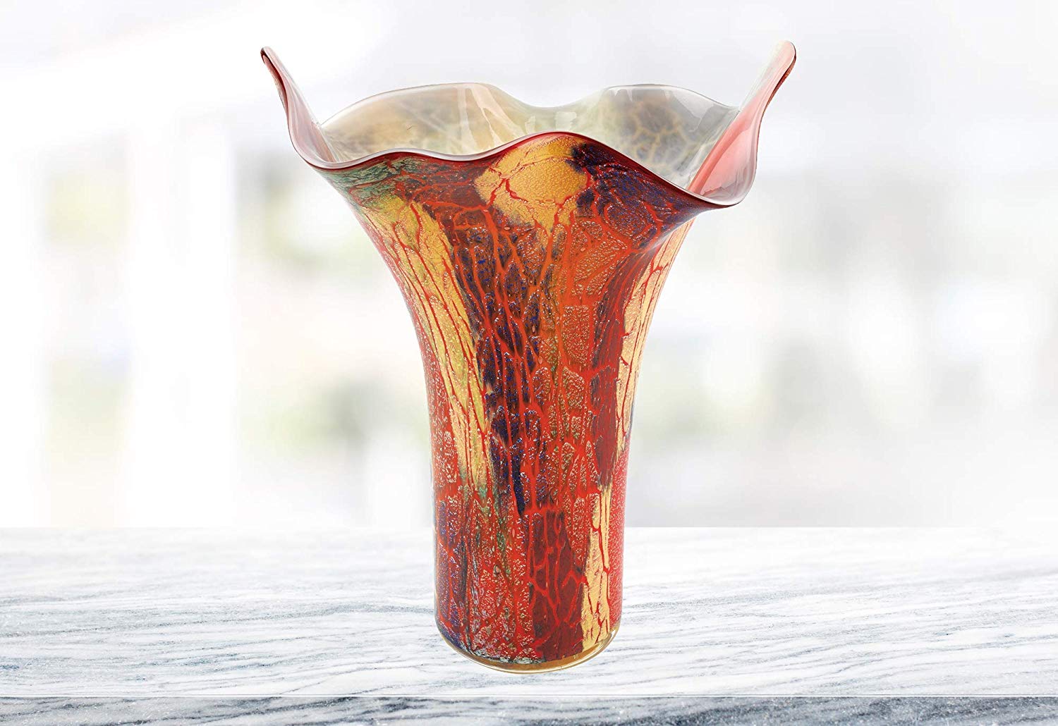 Close-up of multicolor murrina glass detail on the handcrafted Firestorm Murano style decorative vase