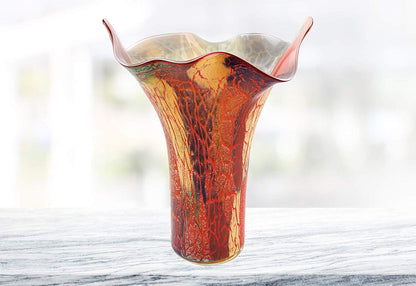 (D) Handcrafted 'Firestorm' Murano Style Art Glass Decorative Napkin Flower Vase 17", Murano Style Artistic Colorful Design