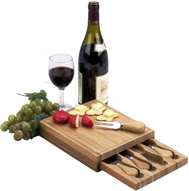 (D) Bamboo Cheese Board, Wooden Board with 4 Serving Utensils