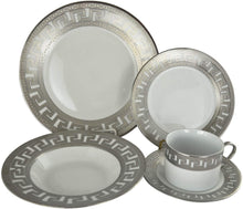 (D) Royalty Porcelain 40-pc Banquet Dinnerware Set Bone China Greek Key Silver