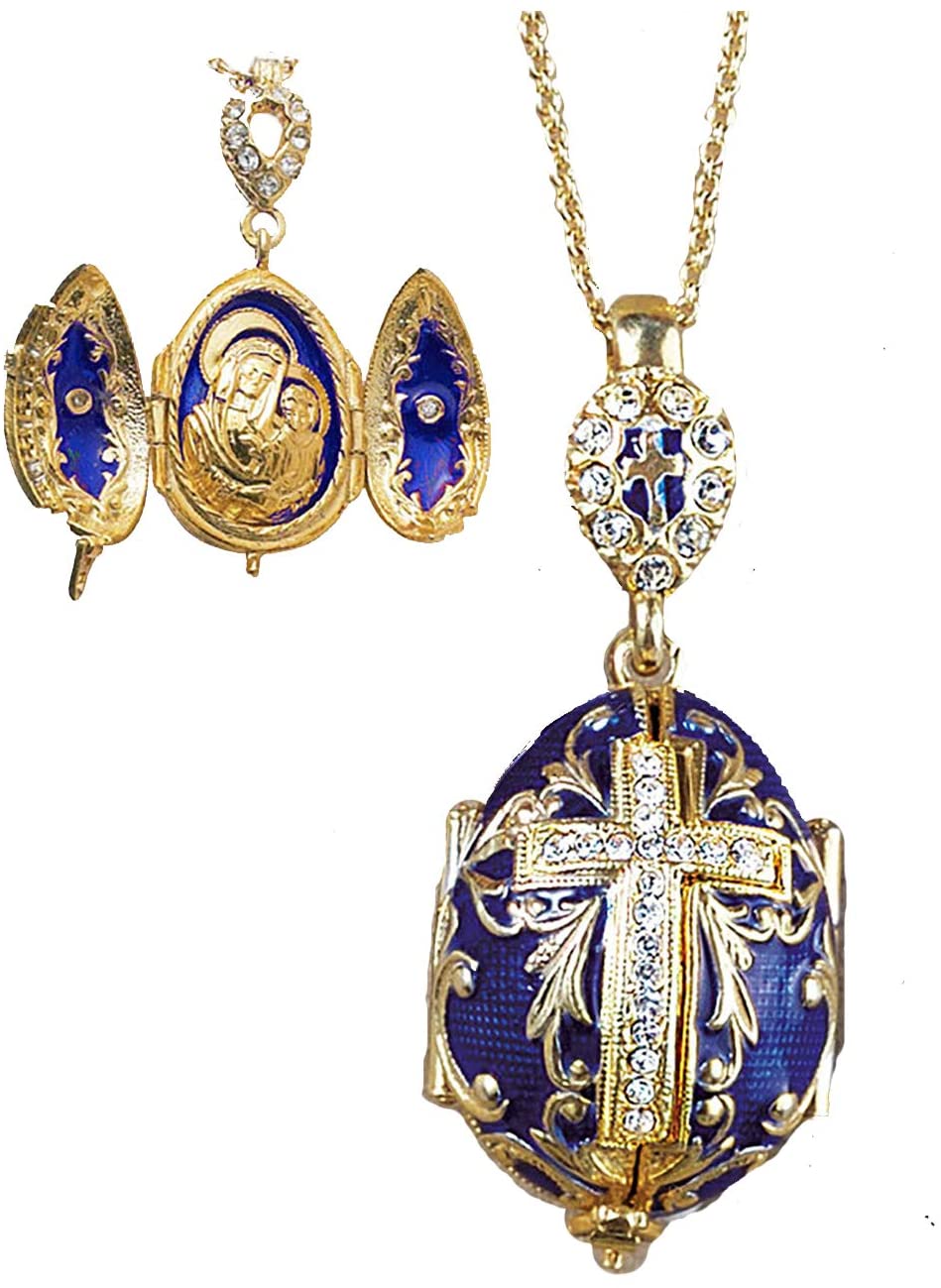 (D) Religious Gifts Enamel Locked Silver Egg Gold Plated (Blue)