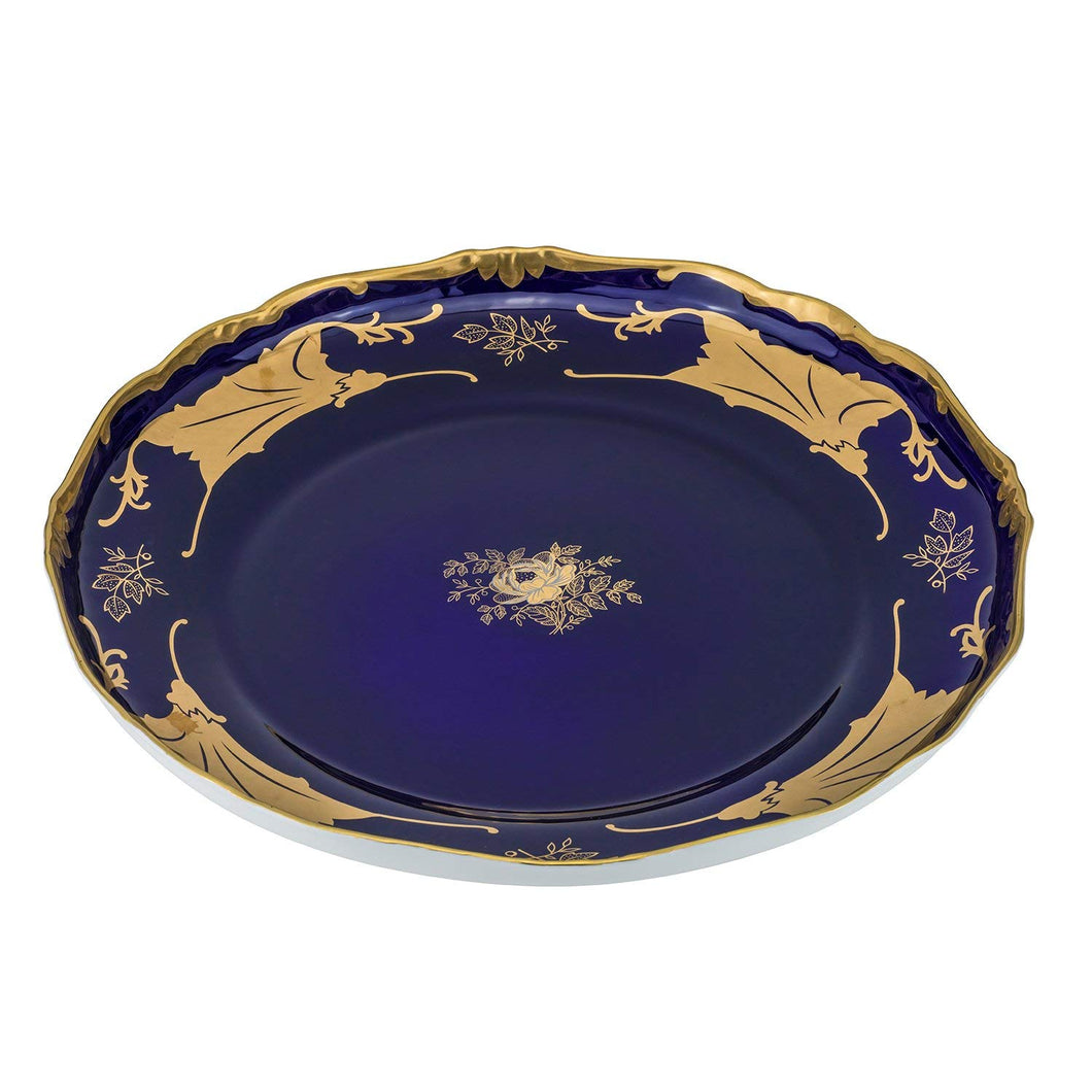 Royalty Porcelain Blue Fruit Serving Platter, Leaves' 24K Gold Pattern (16R)