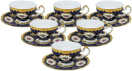 Royalty Porcelain 12-pc Tea Set Blue 'Pink Roses', 6 Cups, 6 Saucers, Bone China