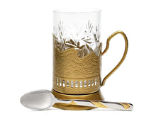 GOLD Combination of 1 Russian Old-Fashioned CUT Crystal Hot Tea Glass 8.5 Oz & Handmade Metal Glass Holder Podstakannik w/ Gold-plated Teaspoon, Vintage Hot or Cold beverage drinking SET