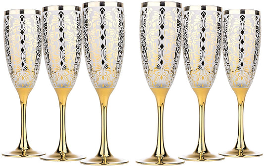 Set Of 6 Champagne Flute GLasses 6 OZ, Gold Flower Design