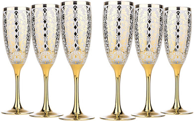 Set Of 6 Champagne Flute GLasses 6 OZ, Gold Flower Design