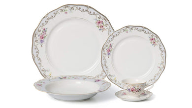 Royalty Porcelain 5-pc Dinner Set for 1, 24K Gold, Bone China (Romantic Bloom)