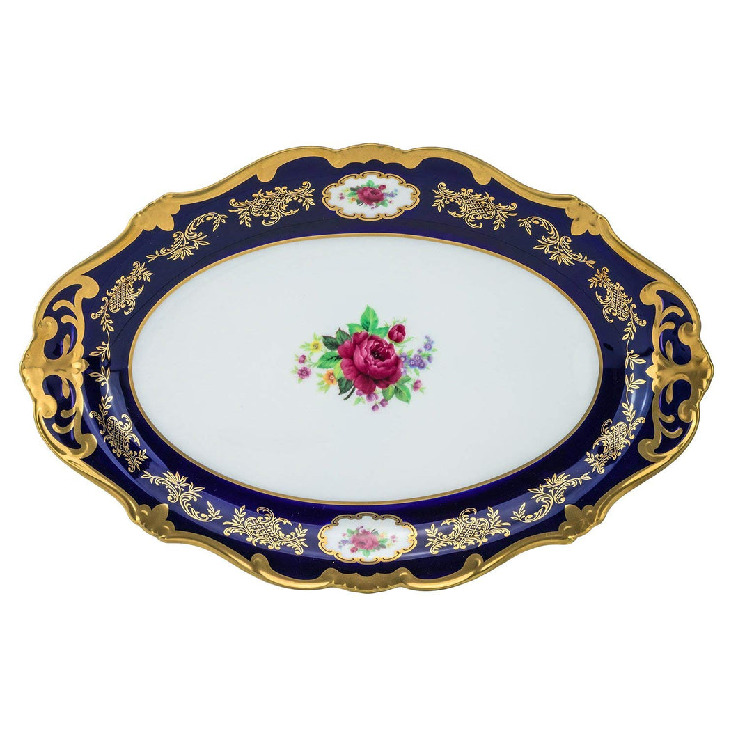 Royalty Porcelain Oval Cobalt Blue Fruit Serving Platter, 24K Gold (14R)